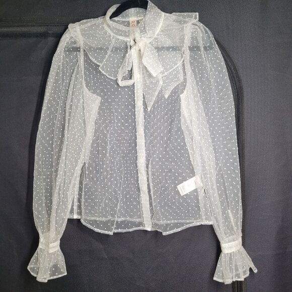 Anthropologie Dolan White Sheer Swiss Dot Tie-Neck Button Up Top Small - Picture 5 of 10